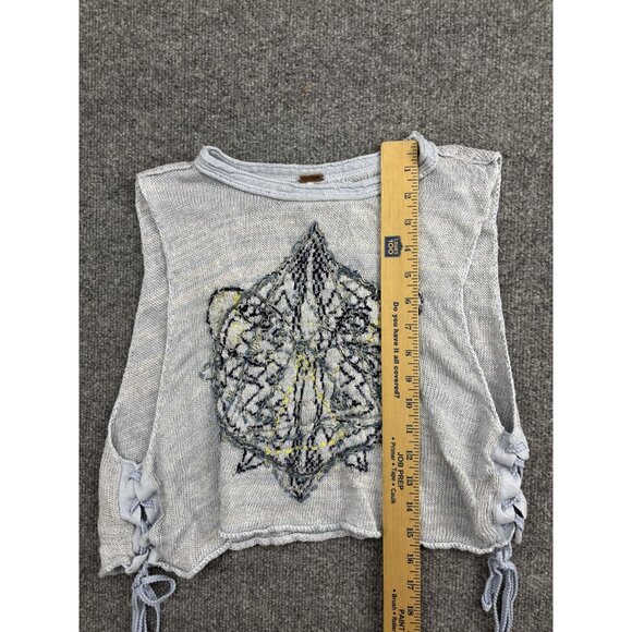 Free People Sweater Vest Womens XS Blue Embroidered Knit Lace Up Boho Cropped - Picture 2 of 6